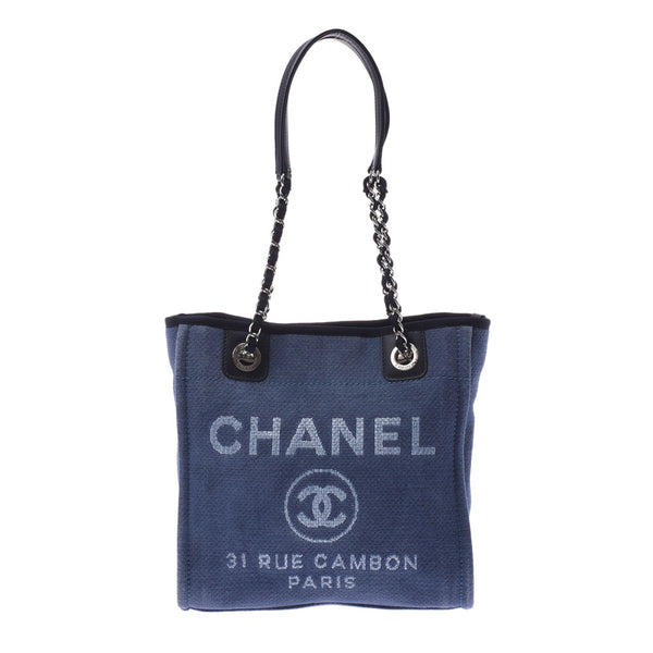 Chanel Chanel Deauville PM蓝色银色配件女式帆布/皮革手提包AB排名使用SINKJO