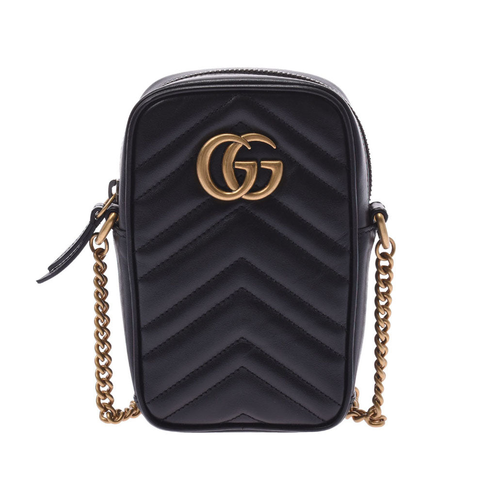 【GUCCI】GGマーモント レザー チェーンショルダーバッグ ゴールド グッチGGマーモント ミニ チェーンバッグ 黒 ゴールド金具 レディース
