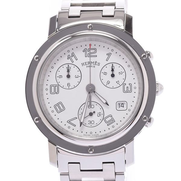 Hermes Hermes Clipper Chrono CL1.910 Men's SS Watch Quartz White Full Technique A-Rank Used Sinkjo