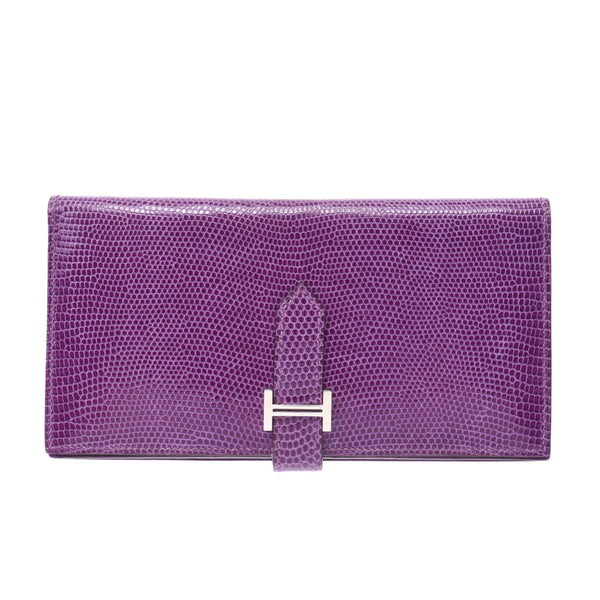 Hermes Hermes Biachansfre Violet Silver Bracket □ K-engraved (around 2007) Unisex Lizard Long Wallet A-Rank Used Sinkjo