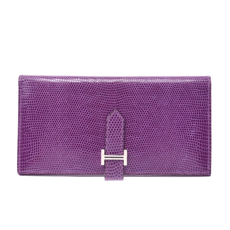 Hermes Hermes Biachansfre Violet Silver Bracket □ K-engraved (around 2007) Unisex Lizard Long Wallet A-Rank Used Sinkjo