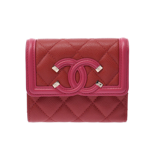 CHANEL Chanel CC Filigree Compact Wallet Red / Pink Gold Bracket Women's Caviar Skin Three Folded Wallets A-Rank Used Sinkjo