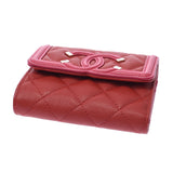 CHANEL Chanel CC Filigree Compact Wallet Red / Pink Gold Bracket Women's Caviar Skin Three Folded Wallets A-Rank Used Sinkjo