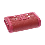 CHANEL Chanel CC Filigree Compact Wallet Red / Pink Gold Bracket Women's Caviar Skin Three Folded Wallets A-Rank Used Sinkjo