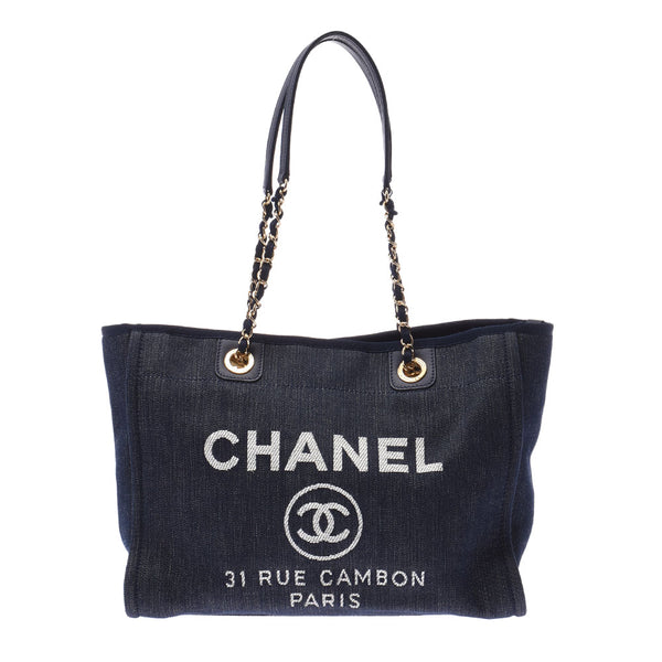 Chanel Chanel Deauville Tote MM 2WAY Bag Navy Ladies Denim Leather Tote Bag A-Rank Used Silgrin