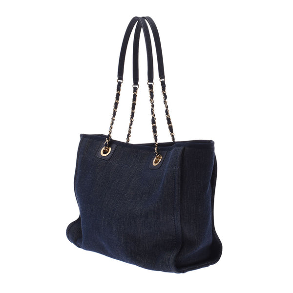 Chanel Chanel Deauville Tote MM 2WAY Bag Navy Ladies Denim Leather Tote Bag A-Rank Used Silgrin