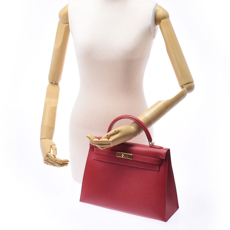 Hermes Hermes Kelly 32 Outside Sewing 2 Way Rougebiff (Red) Gold Bracket □ D Handle (around 2000) Women's Kushbel Handbag A rank used Silgrin