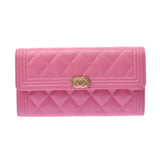 CHANEL Chanel Boy Channel Pink Gold Bracket Ladies Lamskin Long Wallet AB Rank Used Silgrin