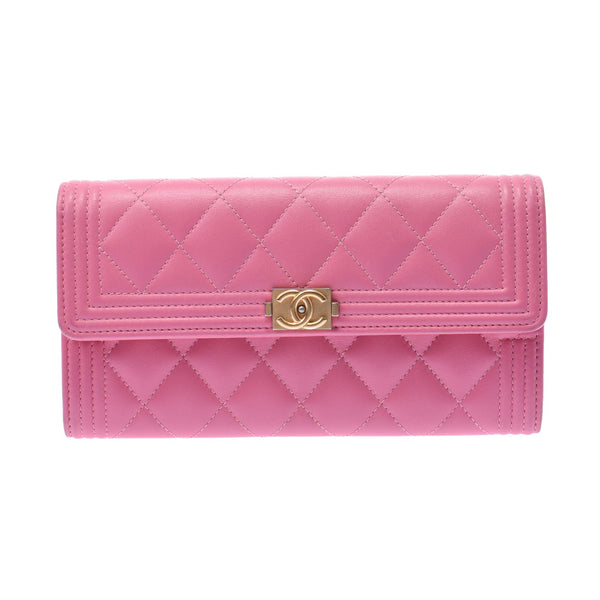 CHANEL Chanel Boy Channel Pink Gold Bracket Ladies Lamskin Long Wallet AB Rank Used Silgrin