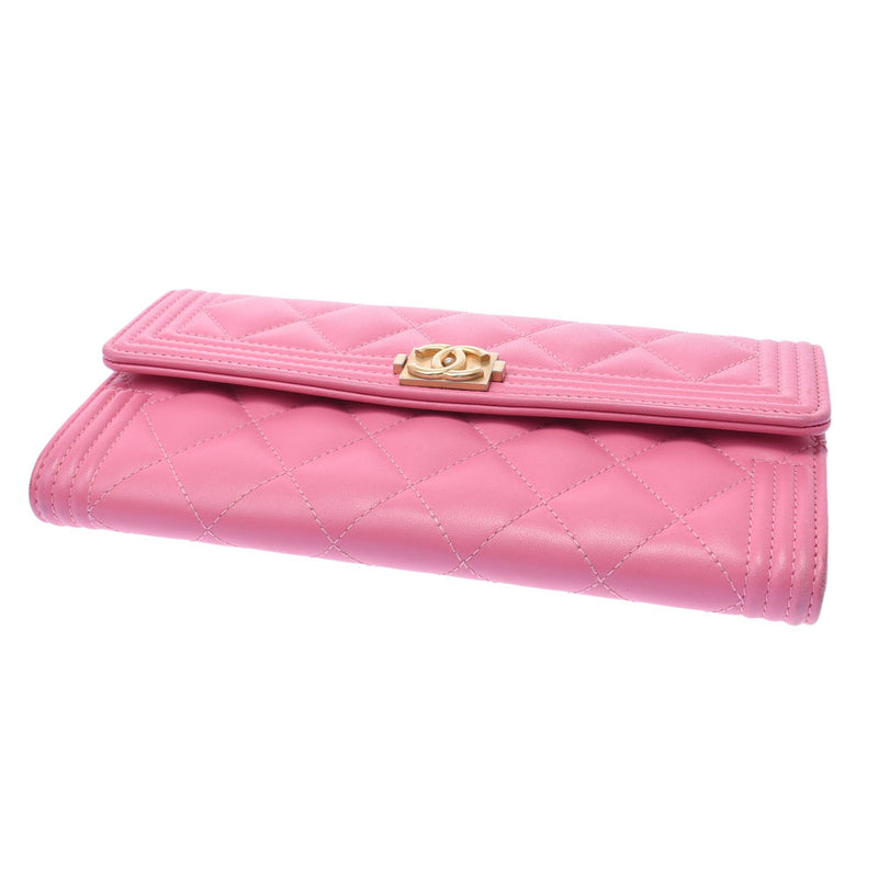 CHANEL Chanel Boy Channel Pink Gold Bracket Ladies Lamskin Long Wallet AB Rank Used Silgrin