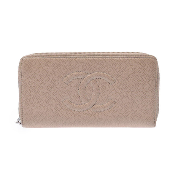 Chanel Chanel Round Fastener Beige Silver Fixtures Ladies Caviar Skin Long Wallet A-Rank Used Sinkjo