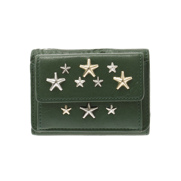 JIMMY CHOO Jimmy Choo Compact Wallet Studs Green Ladies Leather Three Fold Wallet B Rank Used Ginzo