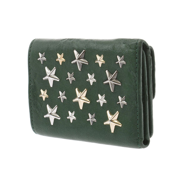 JIMMY CHOO Jimmy Choo Compact Wallet Studs Green Ladies Leather Three Fold Wallet B Rank Used Ginzo