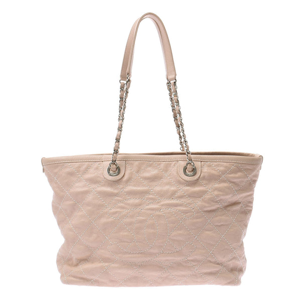 Chanel Chanel Matrasse On-the-lard Beige Silver Fittings Ladies Soft Caviar Skin Tote Bag AB Rank Used Silgrin