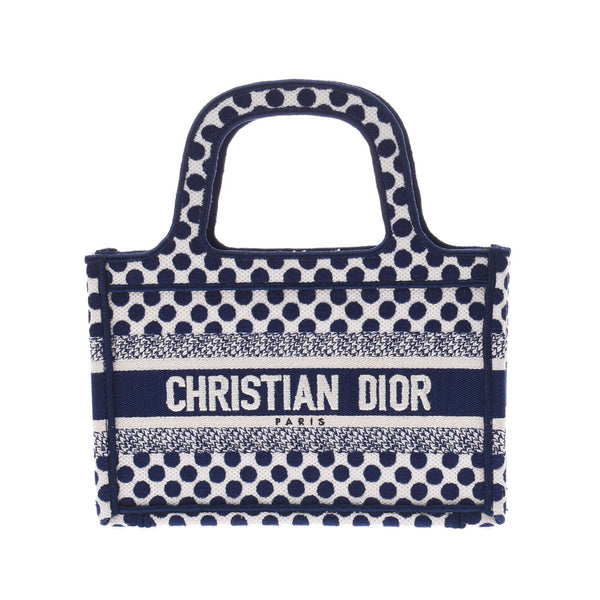 CHRISTIAN DIOR クリスチャンディオール ブックトートバッグ ミニ ドット柄 青/白 レディース キャンバス ハンドバッグ 未使用 銀蔵