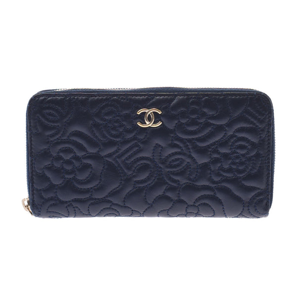 CHANEL Chanel Camellia Coco Mark Round Fastener Wallet Navy Blue Ladies Calf Wallet AB Rank Used Ginzo