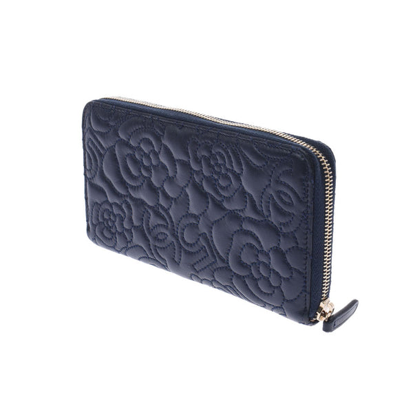 CHANEL Chanel Camellia Coco Mark Round Fastener Wallet Navy Blue Ladies Calf Wallet AB Rank Used Ginzo