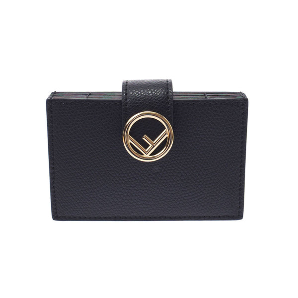 FENDI Fendi Bellows Black Gold Bracket 8M0301 Unisex Leather Card Case Unused Ginzo