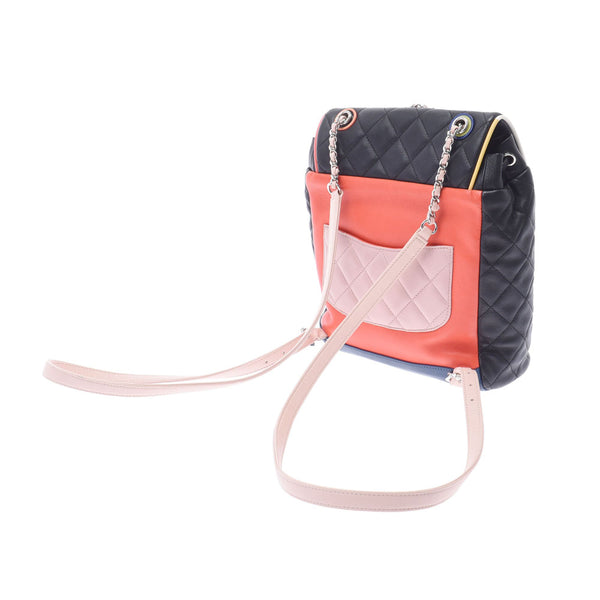 CHANEL Chanel Matrass Backpack Multicolor (Black / Pink / Red) Silver Flockwork Ladies Lamskin Rucks Day Pack A-Rank Used Silgrin