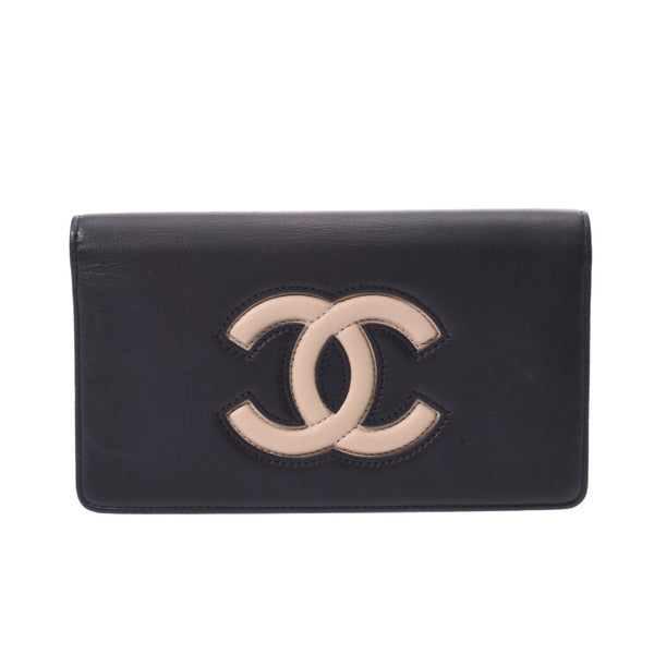 CHANEL Chanel Coco Mark Bicolor Black/Beige Ladies Calf Long Wallet A Rank Used Ginzo