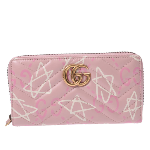 GUCCI Gucci GG Marmont Ghost Round Fastener Pink/White Antique Gold Gold Bracket 448087 Ladies Calf Long Wallet