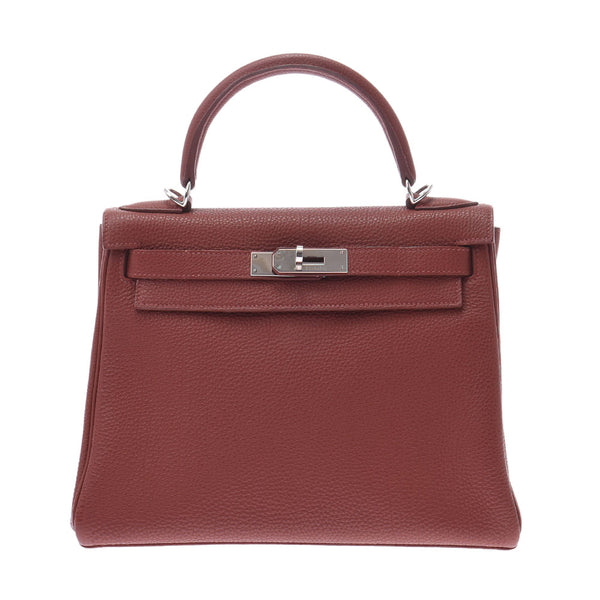 HERMES HERMES HERMES KELLY 28 INNER SEWING 2WAY BAG SIENNE银支□M雕刻（2009年左右）女士Togo手提包A级使用Ginzo