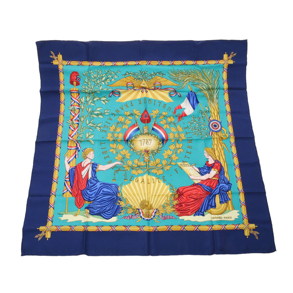 HERMES Hermes Care Liberte Egalite Fraternite/To commemorate the French Revolution, 100 % Blue Ladies Silk Scarf B Rank used Ginzo