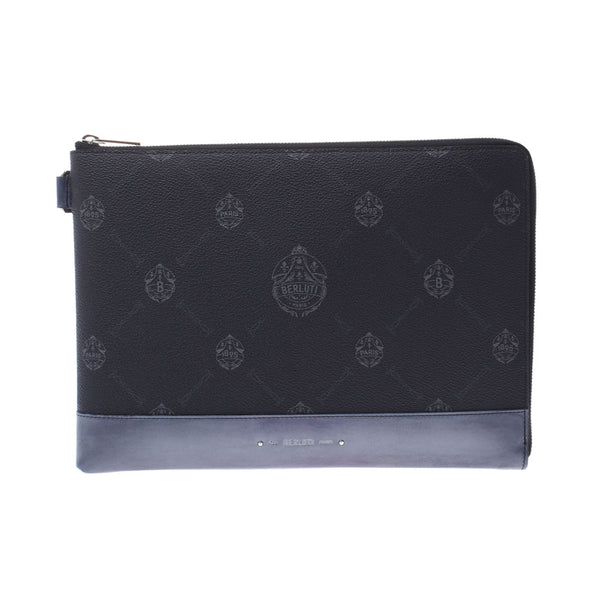 Berluti Berlutti Caligraphy Black/Navy Men's PVC/Curf Clutch Bag A Rank used Ginzo