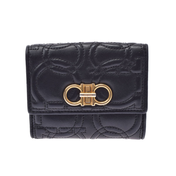 SALVATORE FERRAGAMO Ferragamo Ganchini Double -sided wallet Black Gold Bracket Ladies Calf Bi -fold Wallet B Rank Used Ginzo