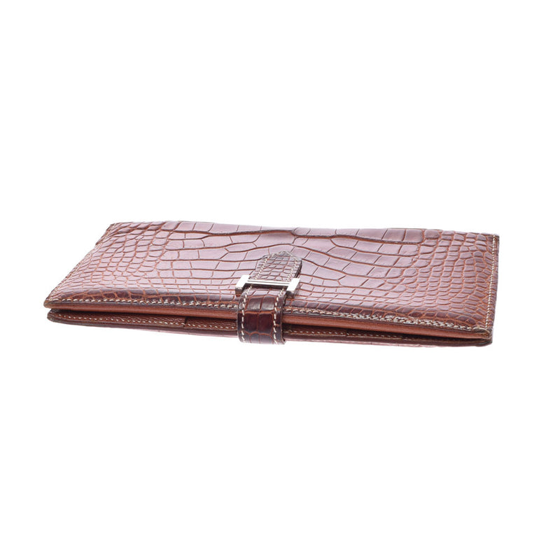 HERMES Hermes Bean Classic Meal Silver Bracket □ H -engraved (around 2004) Unisex alligator long wallet B rank used Ginzo