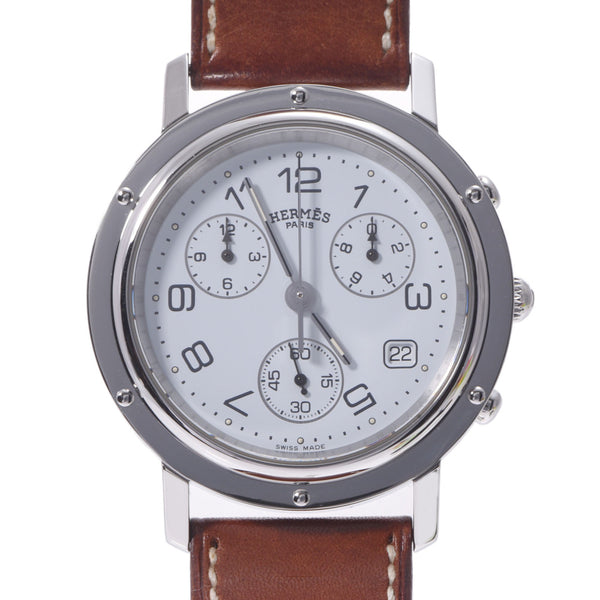 HERMES Hermes Clipper Chrono CL1.910 Men's SS/Leather Watch Quartz White Dial A Rank used Ginzo