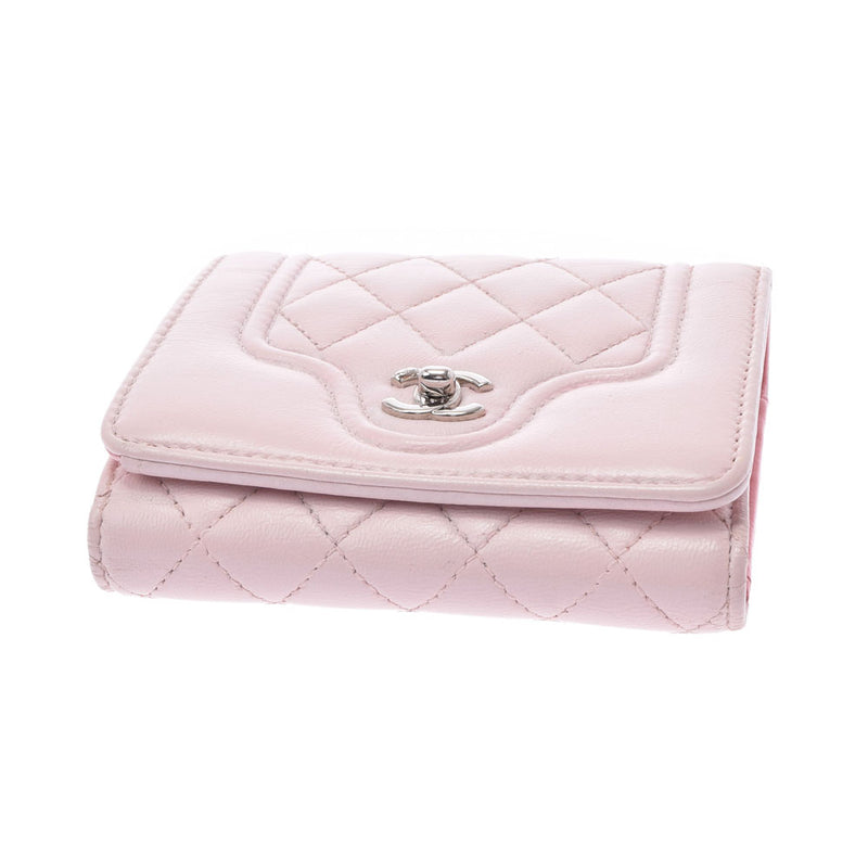 CHANEL Chanel Matrasse Compact Wallet Pink Silver Bracket Ladies Calf Three Fold Wallet B Rank Used Ginzo