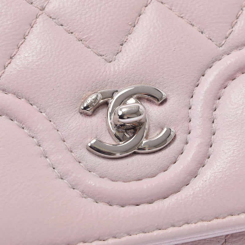 CHANEL Chanel Matrasse Compact Wallet Pink Silver Bracket Ladies Calf Three Fold Wallet B Rank Used Ginzo