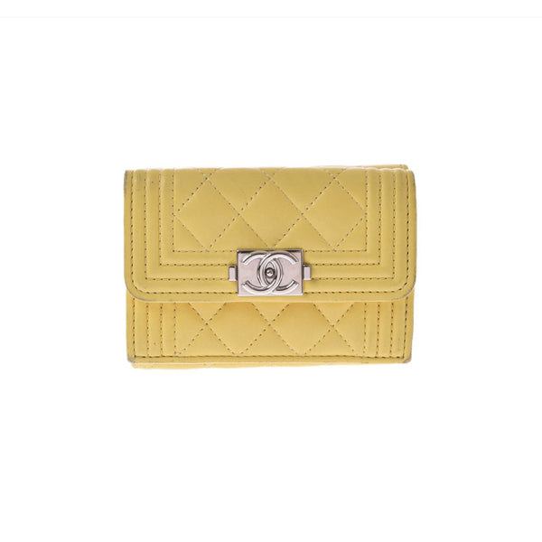 CHANEL Chanel Matrasse Boy Chanel Compact Wallet Yellow Ladies Ram Skin Three Fold Wallet B Rank Used Ginzo