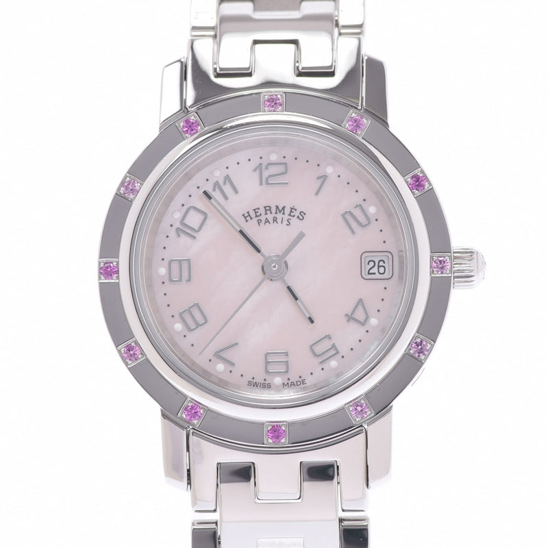 HERMES Hermes Clipper 12P Pink Sapphire CL4.231 Ladies SS Watch Quartz Pink Dial A Rank Used Ginzo