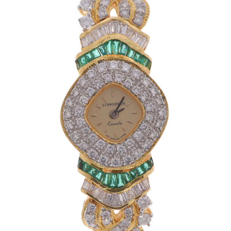Other bezel breath diamond emerald dial Longines Ladies YG watch quartz champagne dial A rank used Ginzo