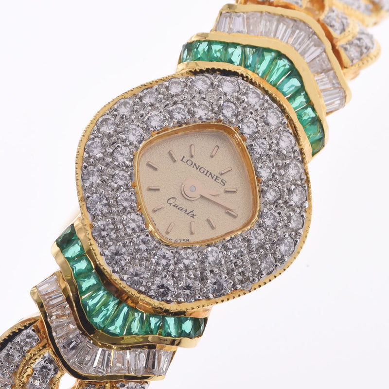 Other bezel breath diamond emerald dial Longines Ladies YG watch quartz champagne dial A rank used Ginzo