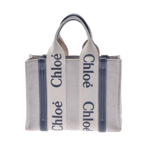 Chloe Chloe Woody Small Tote Handbag White/Blue Unisex Canvas Tote Bag B Rank used Ginzo