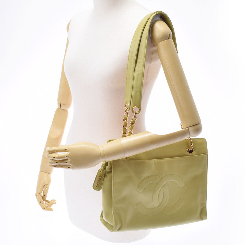 CHANEL Chanel Chain Tote Green Gold Bracket Ladies Ram Skin Tote Bag B Rank used Ginzo