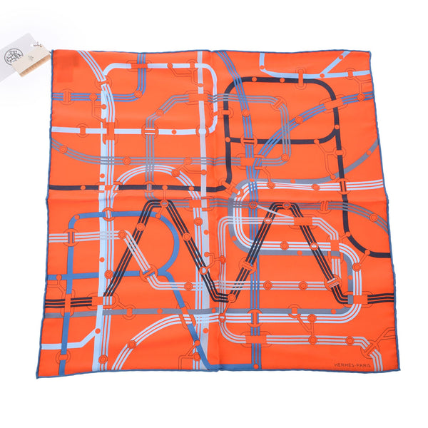 [Valentine Men's Accessories] Hermes Care 45 Petit Kale CORRE SPONDANCE Pocket Chief Orange x Blue Unisex Silk 100 % Scarf Unused Ginzo