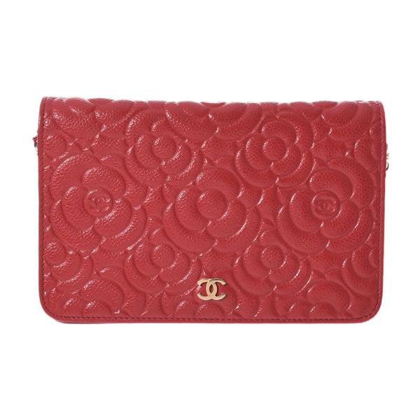 CHANEL Chanel Camellia Red Gold Bracket Ladies Caviar Skin Chain Wallet AB Rank Used Ginzo