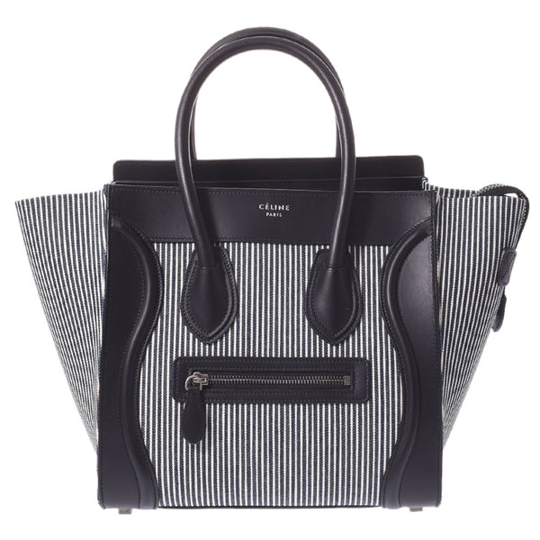 CELINE セリーヌ ラゲージ マイクロショッパー  ストライプ/黒 レディース キャンバス/カーフ ハンドバッグ Aランク 中古 銀蔵