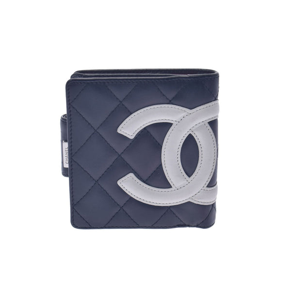 CHANEL シャネル カンボンライン 黒/白 レディース カーフ 二つ折り財布 ABランク 中古 銀蔵