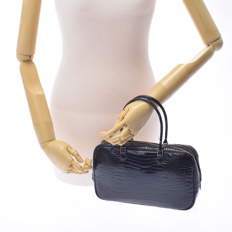 HERMES Hermes Prium Elan Black Gold Bracket □ E engraved (around 2001) Ladies Porosus Handbag AB Rank Used Ginzo