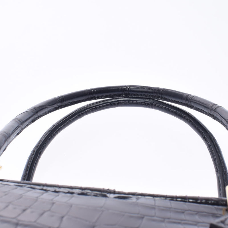 HERMES Hermes Prium Elan Black Gold Bracket □ E engraved (around 2001) Ladies Porosus Handbag AB Rank Used Ginzo