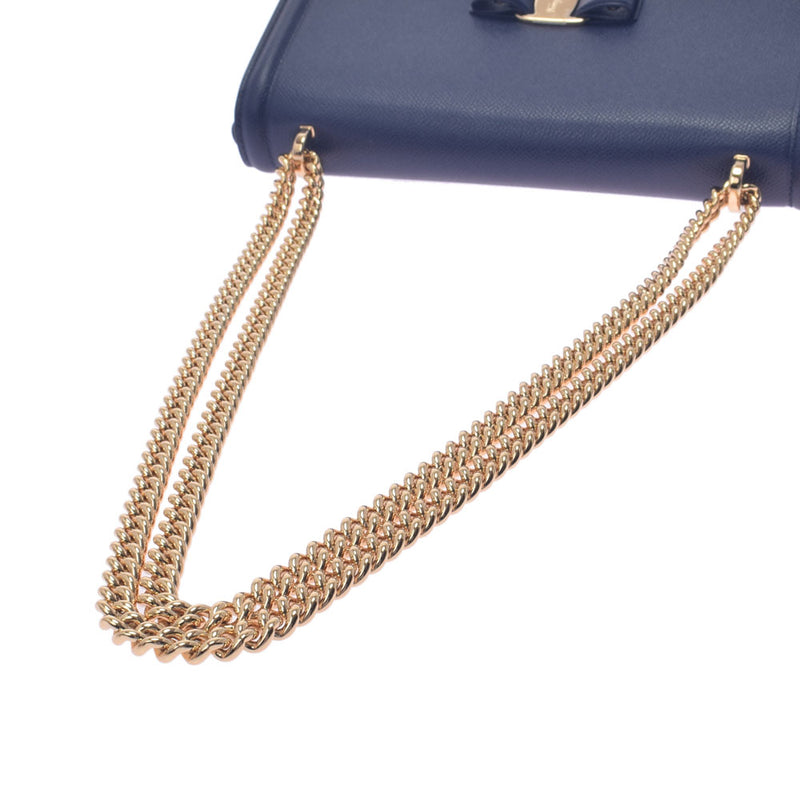 Salvatore Ferragamo Ferragamo Vala Chain Navy Blue Gold Bracket 21G462 Ladies Calf Shoulder Bag Unused Ginzo
