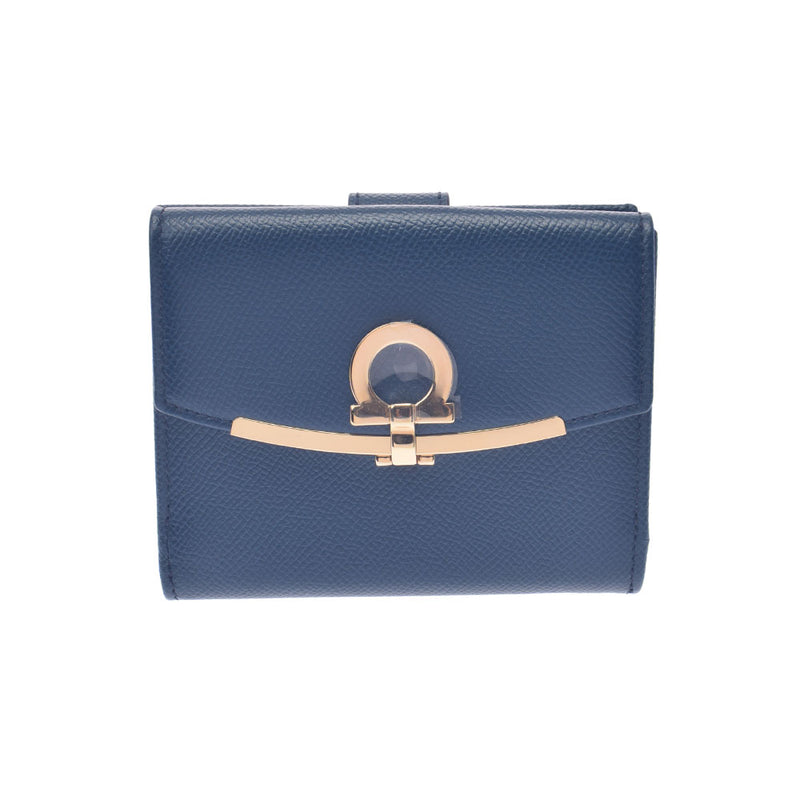 SALVATORE FERRAGAMO Ferragamo Ganchini Brigade W Hook Wallet Dark Blue Gold Gold Bracket 22C877 Unisex Calf Born Wallet Unused Ginzo