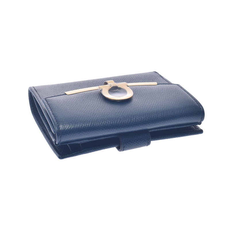 SALVATORE FERRAGAMO Ferragamo Ganchini Brigade W Hook Wallet Dark Blue Gold Gold Bracket 22C877 Unisex Calf Born Wallet Unused Ginzo