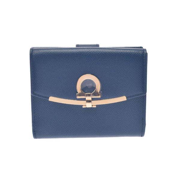 SALVATORE FERRAGAMO Ferragamo Ganchini Brigade W Hook Wallet Dark Blue Gold Gold Bracket 22C877 Unisex Calf Born Wallet Unused Ginzo