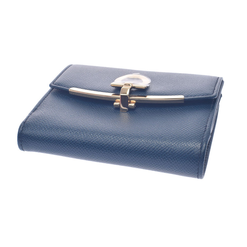 SALVATORE FERRAGAMO Ferragamo Ganchini Brigade W Hook Wallet Dark Blue Gold Gold Bracket 22C877 Unisex Calf Born Wallet Unused Ginzo